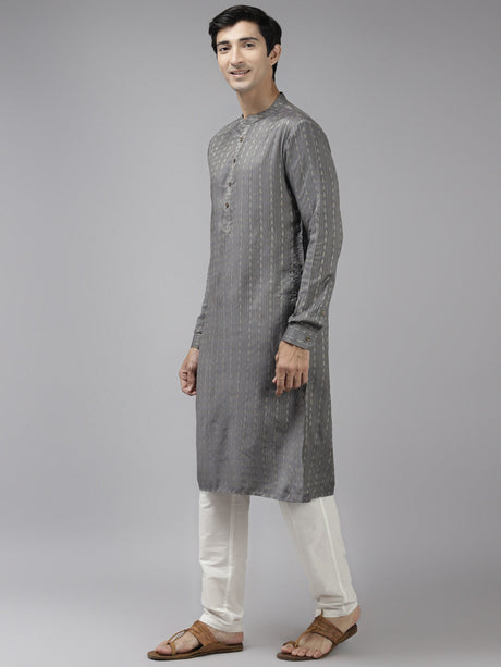 Buy Men's Grey Cotton Woven Thread Work Straight Kurta Online - Front