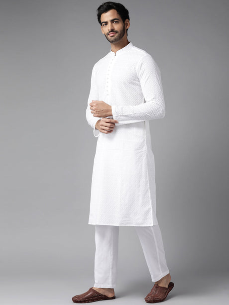 Buy Men's White Pure Cotton Chikankari Embroidered Kurta Pajama Set Online - Front
