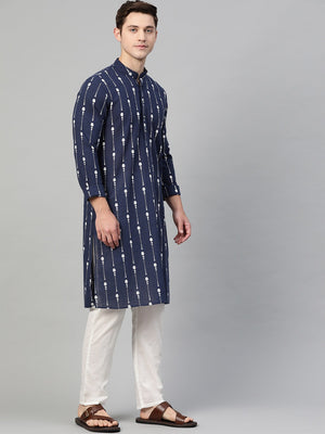Buy Men's Navy Blue Cotton Printed Kurta Pajama Set Online - Side