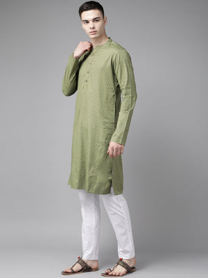 Buy Men's Green Pure Cotton Printed Kurta Pajama Set Online - Front
