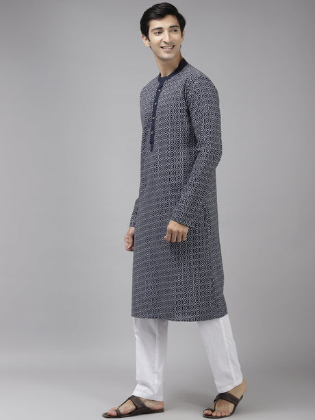 Buy Men's Blue Cotton Printed Kurta Pajama Set Online - Back