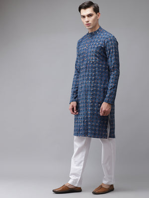 Buy Men's Blue Cotton Hand Block Print Straight Kurta Online - Front