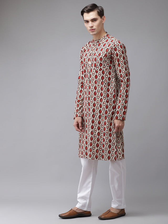 Buy Men's Beige Cotton Hand Block Printed Kurta Pajama Set Online - Front