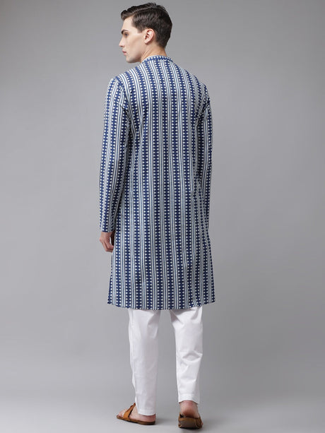 Buy Men's Blue Cotton Printed Kurta Pajama Set Online - Back