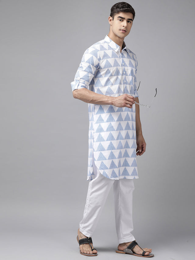 Buy Men's White Pure Cotton Chevron Printed Pathani Set Online - Back