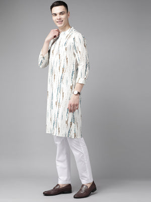 Buy Men's White Pure Cotton Printed Kurta Pajama Set Online - Front