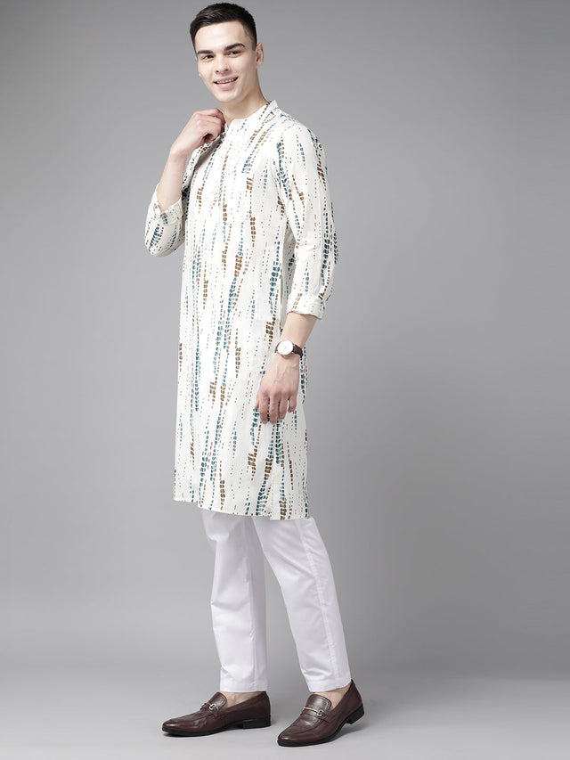Buy Men's White Pure Cotton Printed Kurta Pajama Set Online - Front