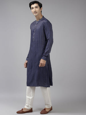 Buy Men's Blue Cotton Woven Thread Work Straight Kurta Online - Front