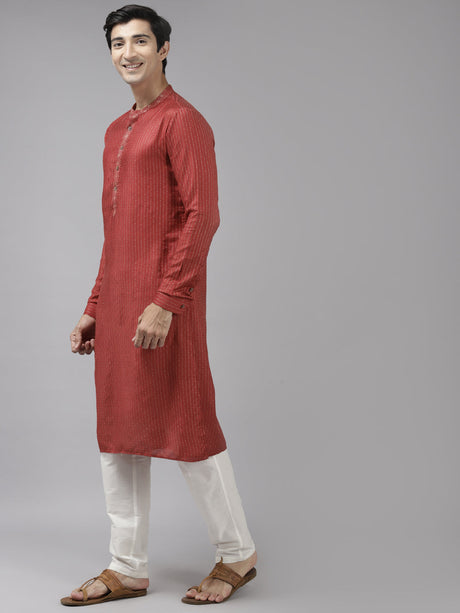Buy Men's Maroon Cotton Woven Thread Work Straight Kurta Online - Front