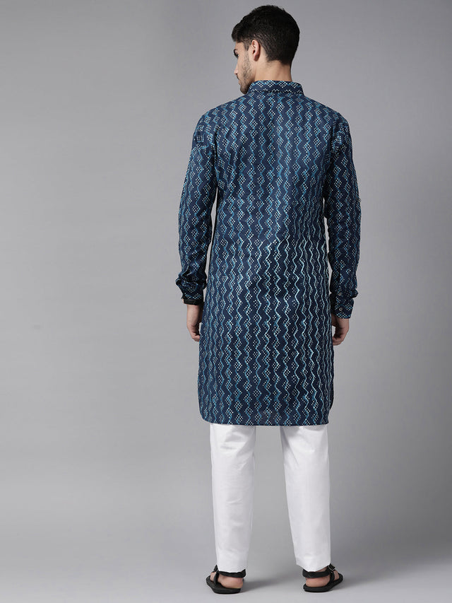 Buy Men's Indigo Pure Cotton Printed Pathani Set Online - Side