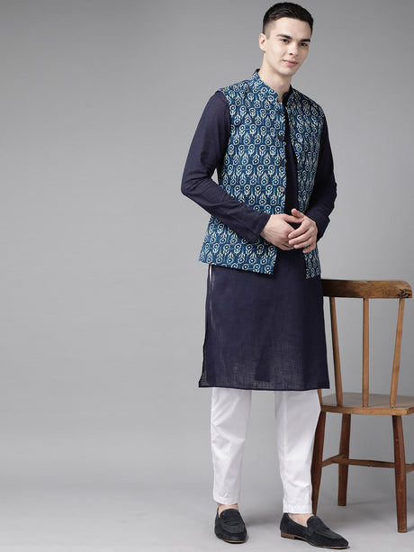 Buy Men's Blue Pure Cotton Printed Nehru Jacket Online