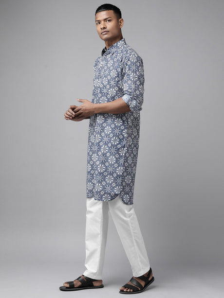 Buy Men's Indigo Pure Cotton Floral Printed Pathani Set Online - Front