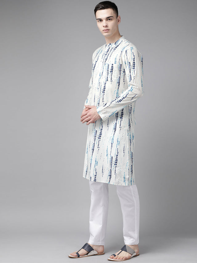 Buy Men's White Pure Cotton Printed Kurta Pajama Set Online - Front