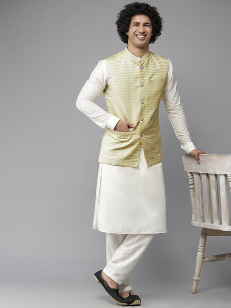 Buy Men's Yellow Art Silk Jacquard Woven Design Nehru Jacket Online - Back