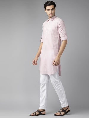 Buy Men's Baby Pink Pure Cotton Striped Printed Pathani Set Online - Side