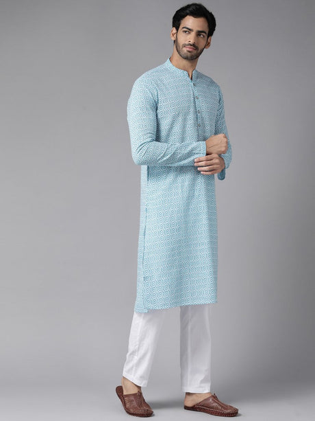 Buy Men's Blue Pure Cotton Printed Kurta Pajama Set Online - Front
