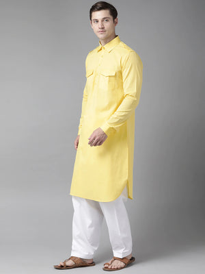 Buy Men's Yellow Cotton Solid Pathani Set Online - Side