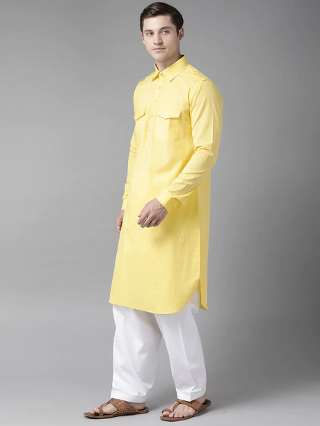 Buy Men's Yellow Cotton Solid Pathani Set Online - Side