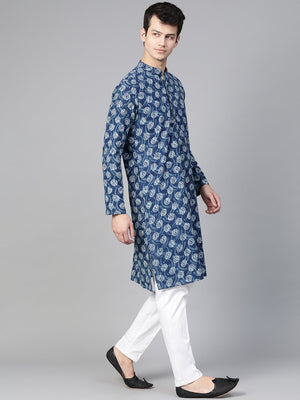 Buy Men's Blue Cotton Tie-And-Dye Block Prints Kurta Pajama Set Online - Zoom In