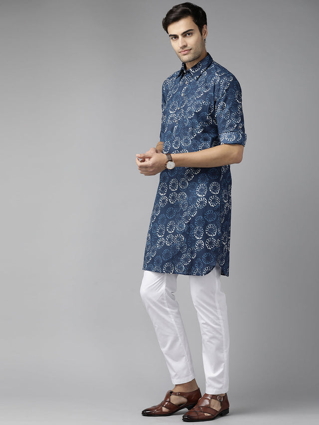 Buy Men's Indigo Pure Cotton Printed Pathani Set Online - Front