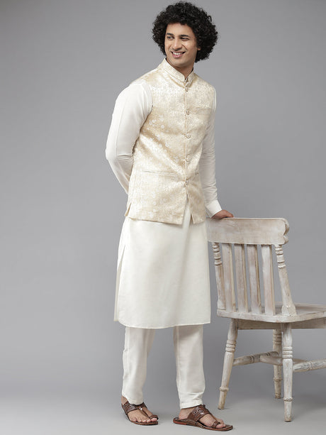 Buy Men's Gold Art Silk Jacquard Woven Design Nehru Jacket Online - Front