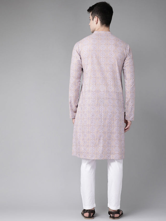 Buy Men's Peach Cotton Geometric Printed Straight Kurta Online - Back