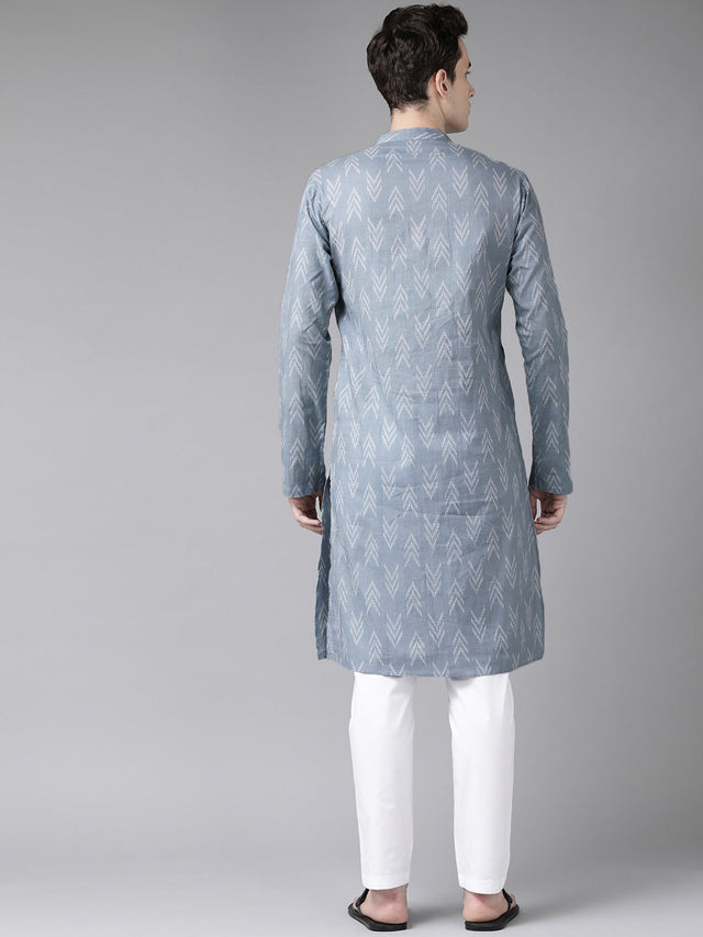 Buy Men's Grey Cotton Abstract Print Straight Kurta Online - Back