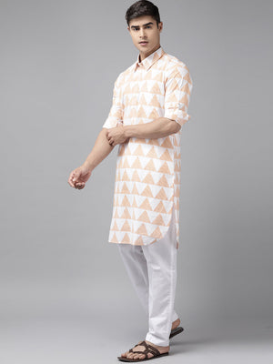 Buy Men's White Pure Cotton Chevron Printed Pathani Set Online - Front