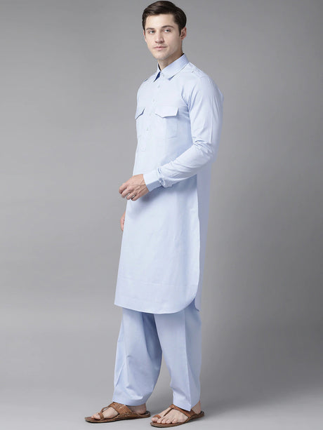 Buy Men's Sky Blue Cotton Solid Pathani Set Online - Side