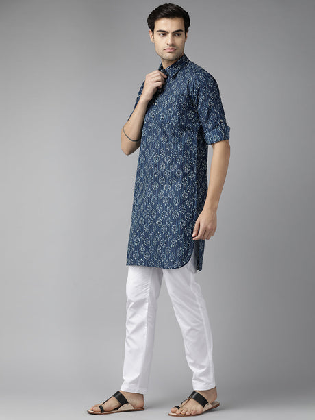 Buy Men's Indigo Pure Cotton Ikat Printed Pathani Set Online - Front