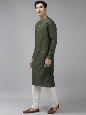 Buy Men's Green Art Silk Woven Thread Work Kurta Pajama Set Online - Front