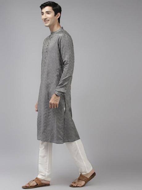 Buy Men's Grey Cotton Woven Thread Work Straight Kurta Online - Front