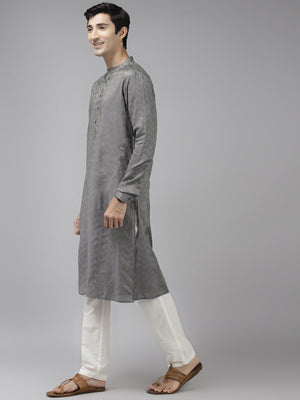 Buy Men's Grey Art Silk Woven Thread Work Kurta Pajama Set Online - Front