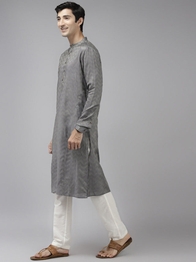 Buy Men's Grey Art Silk Woven Thread Work Kurta Pajama Set Online - Front