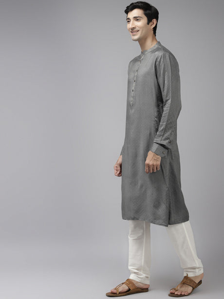 Buy Men's Grey Cotton Woven Thread Work Straight Kurta Online - Front
