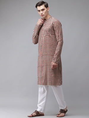 Buy Men's Beige Cotton Hand Block Printed Kurta Pajama Set Online - Front