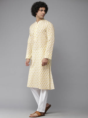 Buy Men's Yellow Cotton Floral Printed Straight Kurta Online - Back