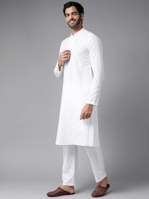 Buy Men's White Pure Cotton Chikankari Embroidered Kurta Pajama Set Online - Front