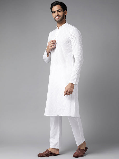 Buy Men's White Pure Cotton Chikankari Embroidered Kurta Pajama Set Online - Front