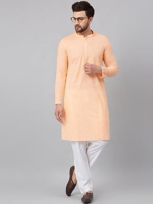 Buy Men's Peach Cotton Chikankari Embroidered Straight Kurta Online
