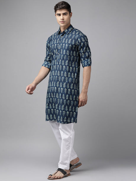 Buy Men's Indigo Pure Cotton Printed Pathani Set Online - Front