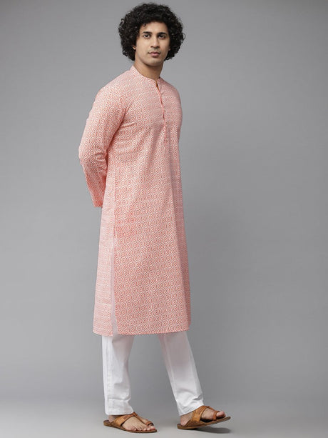 Buy Men's Peach Pure Cotton Printed Kurta Pajama Set Online - Front