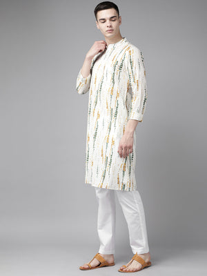 Buy Men's White Pure Cotton Tie And Dye Print Kurta Pajama Set Online - Front