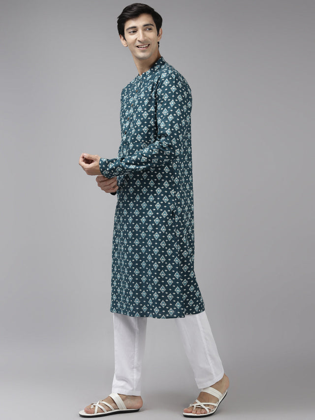 Buy Men's Teal Blue Cotton Printed Kurta Pajama Set Online - Front