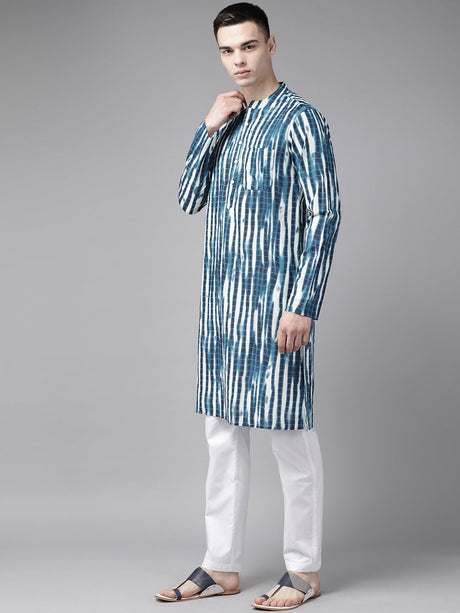 Buy Men's Blue Pure Cotton Printed Kurta Pajama Set Online - Back