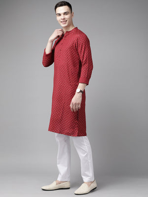 Buy Men's Maroon Cotton Printed Straight Kurta Online - Front