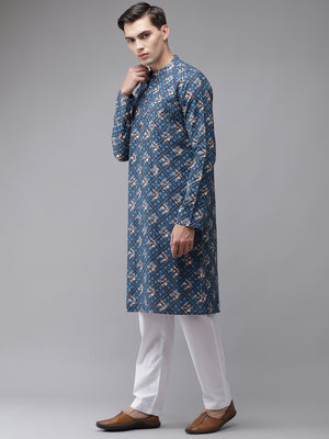 Buy Men's Blue Cotton Printed Straight Kurta Online - Front