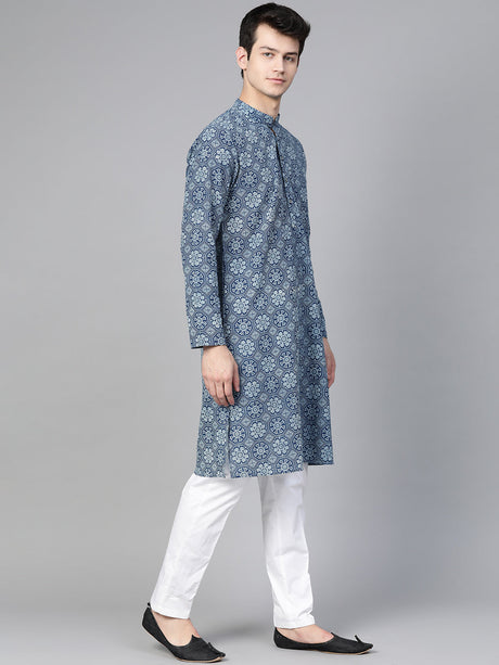 Buy Men's Blue Cotton Tie-And-Dye Block Prints Kurta Pajama Set Online - Back