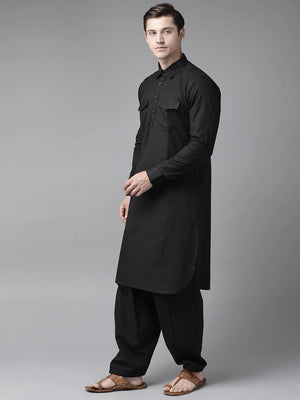 Buy Men's Black Cotton Solid Pathani Set Online - Front