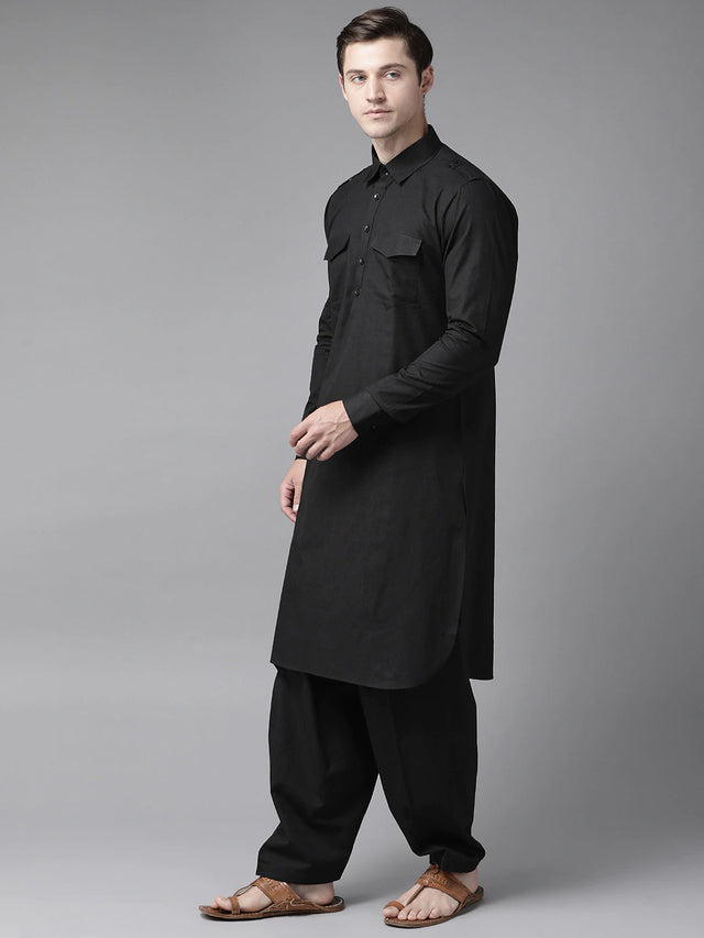 Buy Men's Black Cotton Solid Pathani Set Online - Front